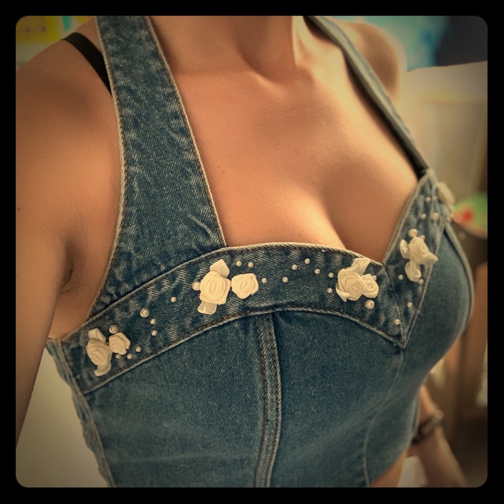 90s Vintage Denim Halter Crop Top
